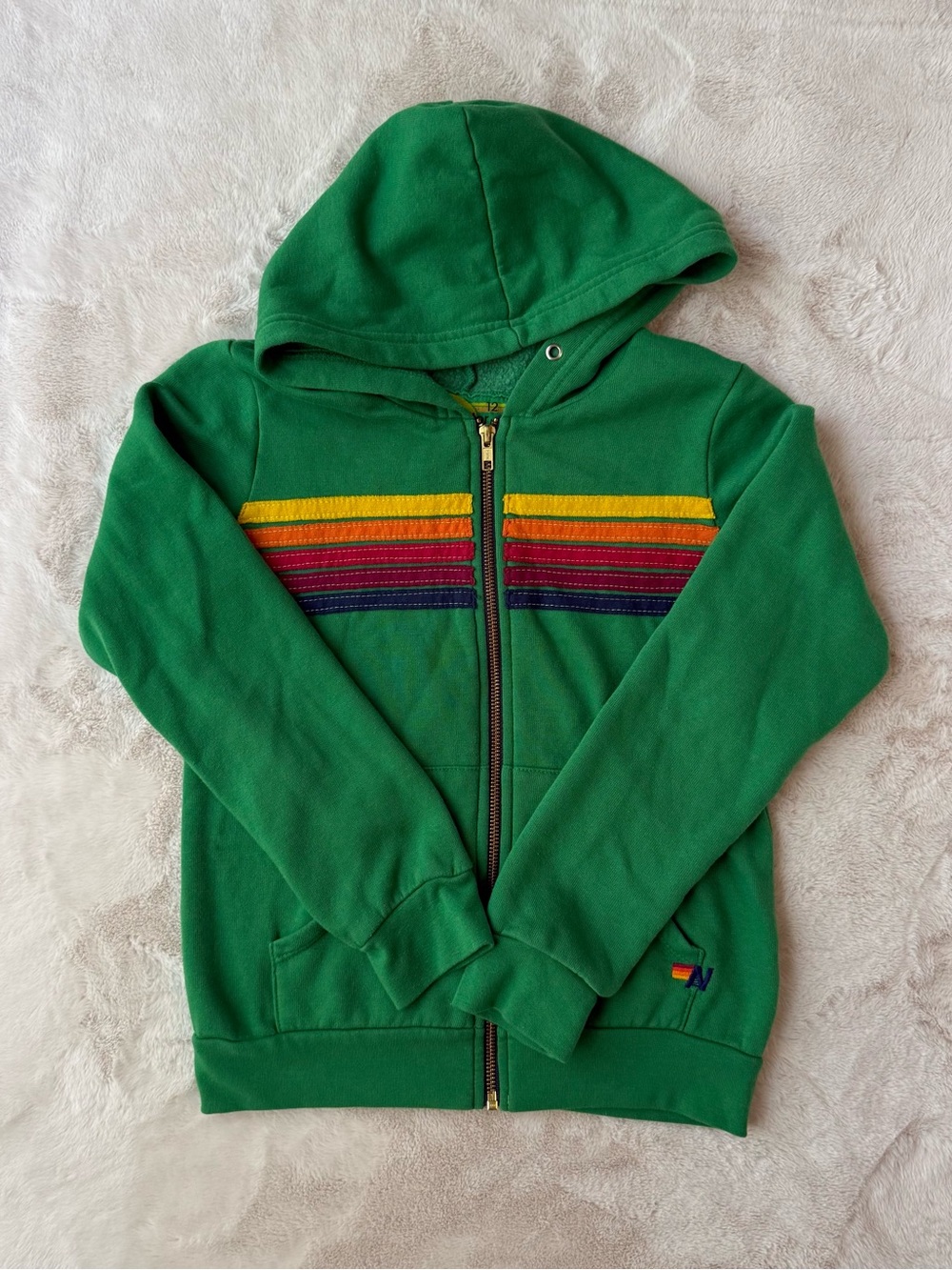 Aviator Nation Green Hoodie with Yellow Red Purple Blue Stripes